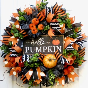 Fall Wreaths for Front Door, Halloween Wreath, orange black Wreath, Pumpkin Wreath, Pumpkin decor, Fall Decoration, Hello Pumpkin