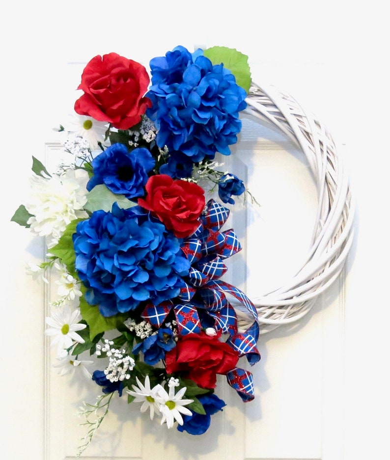 hydrangea wreath Patriotic Wreath wreath hydrangea 4th of July Wreath red white blue Summer Wreaths for front door wicker wreath