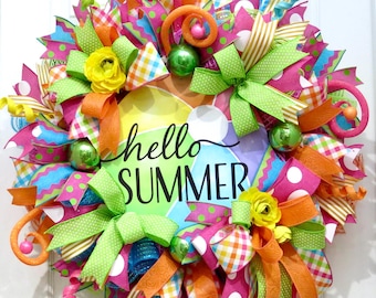 Summer Wreaths for Front Door, Hello Summer Beach Ball Wreath, Bright Summertime Decoration, Tropical Door Decor, Orange Pink Yellow Blue