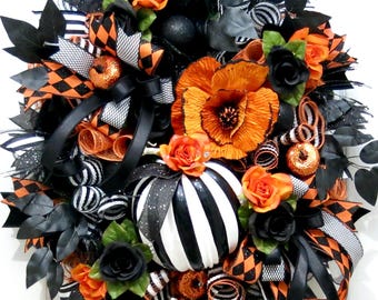 Elegant Halloween Wreaths for front door, Black Orange White Pumpkin Wreath, Glam Halloween Door Decor, Fall decoration