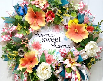 Home Sweet Home Wreaths, Tropical Hibiscus Front Door Wreath, Coral Teal Summer Wreath, Floral Welcome Wreath, Cottage Farmhouse Door Decor