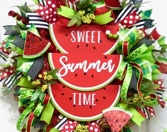summer Wreaths for front door, watermelon Wreath, watermelon decor, front door wreath, Welcome Wreath, Sweet Summertime, deco mesh wreath
