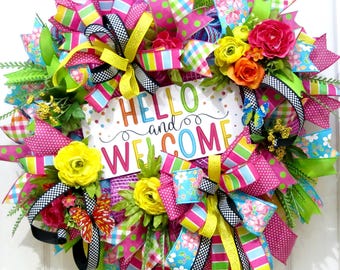 Coronas coloridas para la puerta principal, corona de bienvenida, corona de primavera de malla decorativa brillante, decoración de verano para la puerta, regalos para el Día de la Madre.