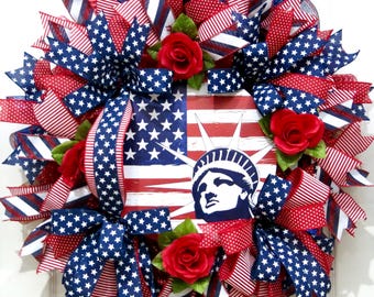 Statue of Liberty Patriotic Wreath, Fourth of July Wreaths, Americana Front Door Decor, Memorial Day, Red White Blue Wreath, USA Decoration