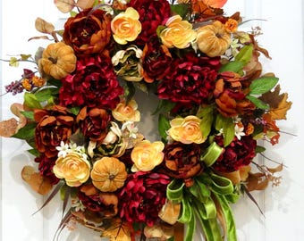 Fall Floral Wreath for front door,  elegant Autumn Wreaths, Burgundy orange Pumpkin Wreath, Thanksgiving Door Decor, Fall Home decoration