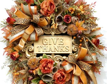 Give Thanks Fall Wreath, Thanksgiving Door Wreaths, Autumn Front Door Decor, Elegant Fall Home Decor,  Animal Print Wreath