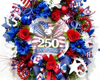 Patriotic 250 Wreaths, We The People Wreath, Americana Front Door Decor, Fourth of July, Red White Blue Eagle Wreath, Memorial Day Decor