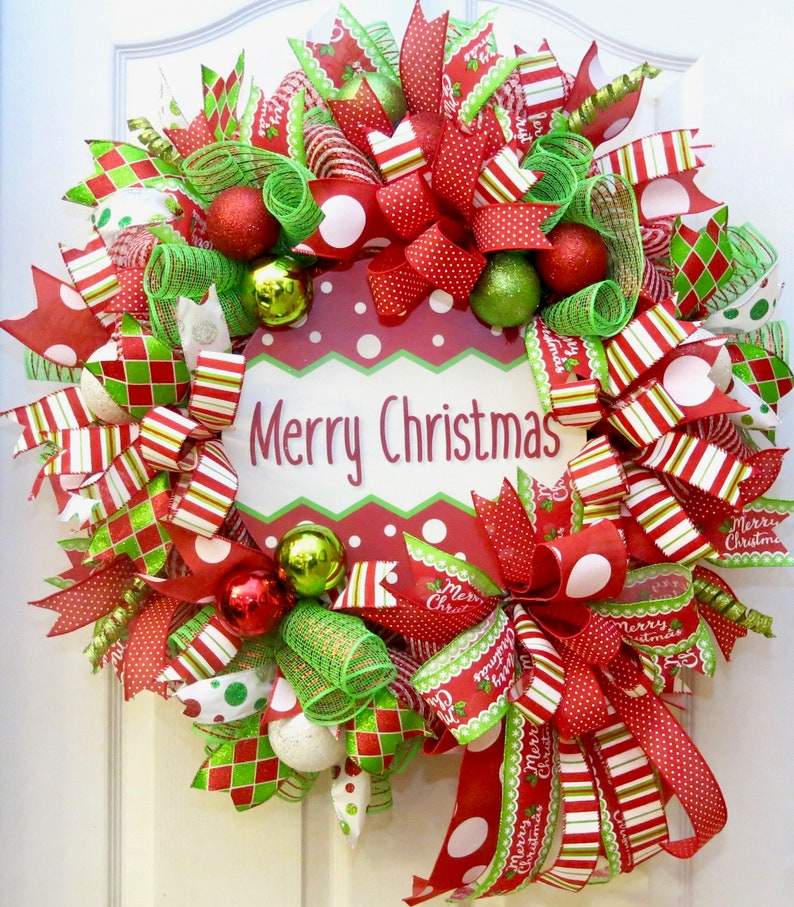 Christmas Wreaths for front door, Deco Mesh Christmas Wreath, Merry Christmas Wreath, Christmas Decoration, Holiday Wreath, red lime wreath image 6
