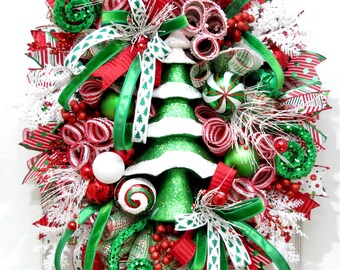 Christmas Tree Wreath, Whimsical Holiday Wreaths for front door, Christmas Door Decor, Red Green Holiday Decor, Christmas Home Decor
