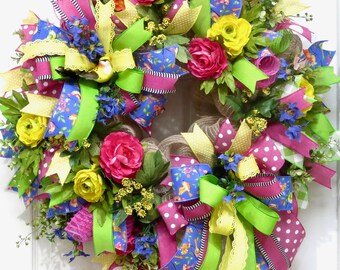 Summer wreath for front door, floral door wreath, farmhouse wreath, everyday wreath, Spring wreaths, garden party decor, pink yellow wreath