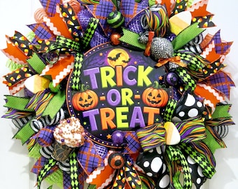 Colorful Halloween Wreaths for front door, Trick or Treat Wreath, Halloween Candy Decor, Orange Black Purple Green, Jack O Lantern