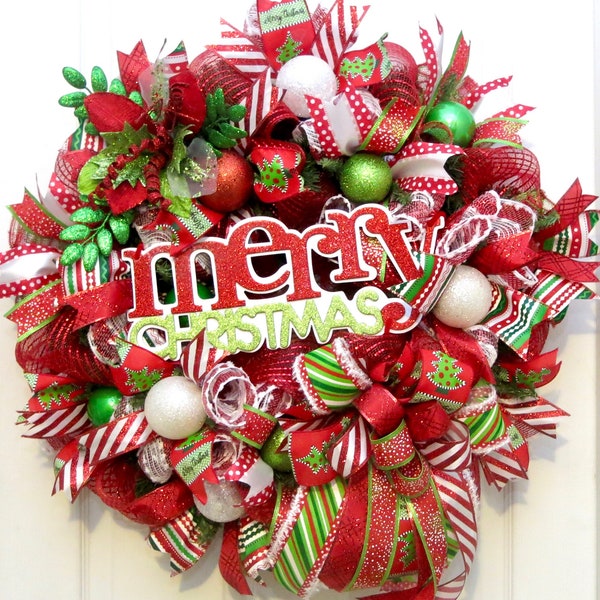 Christmas Wreaths for front door, Merry Christmas Wreath, Deco Mesh Christmas, Christmas Decor, Holiday Wreath, Ornament Wreath, red lime