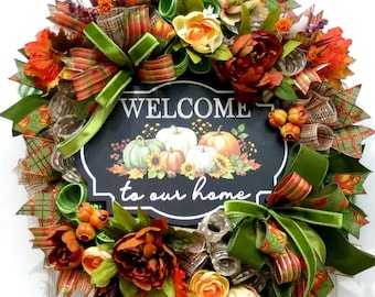 Welcome to Our Home Fall Wreath,  Autumn Front Door Wreaths, Pumpkin Wreath, Rustic Fall Decor, Thanksgiving Door Hanger,  Autumn Wreath