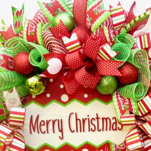 Christmas Wreaths for front door, Deco Mesh Christmas Wreath, Merry Christmas Wreath, Christmas Decoration, Holiday Wreath, red lime wreath image 2