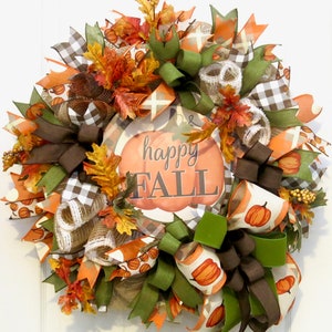 Happy Fall Pumpkin Wreath, Plaid Metal Sign, Autumn Door Decor