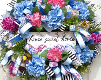 hydrangea wreath, Home Sweet Home, everyday wreath for Front Door Decor, farmhouse style, spring summer wreath, Gift Ideas, Housewarming