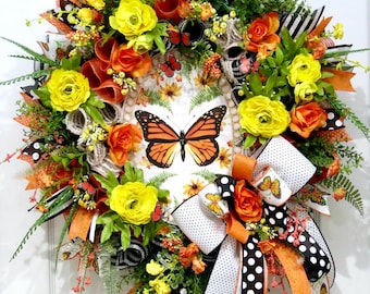 Monarch Butterfly wreath for front door, Everyday Wreaths, Floral Spring Summer Door Decor, orange black white, Mothers Day gift