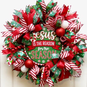 Christmas Wreaths for front door, Deco Mesh Christmas Wreath, Jesus is the reason for the season wreath, Christmas Decoration, Holiday Decor