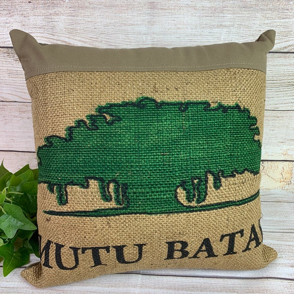 Handmade Coffee Sack Burlap Pillow Cover | Sumatra Mutu Batak | 18" x 18" Cover Only | Repurposed Coffee Burlap Bag | OAK