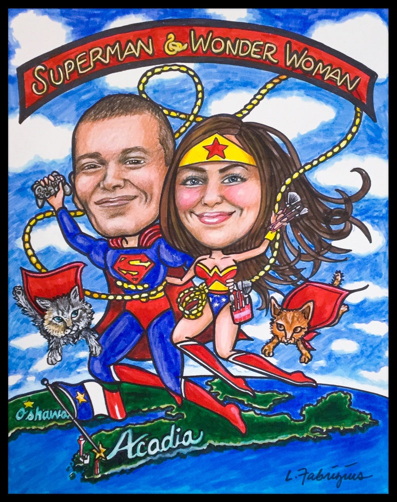 Custom caricature Christmas cards retirement for women Superman Wonder Woman retirement for men Christmas gift retirement gift