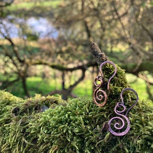 May include: A pair of copper wire earrings with a spiral design. The earrings are on a mossy branch with a blurred background of trees and a lake.