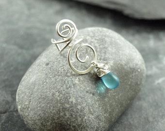 Ear cuff, ear clip, spiral, wire work, light blue matt glass teardrop