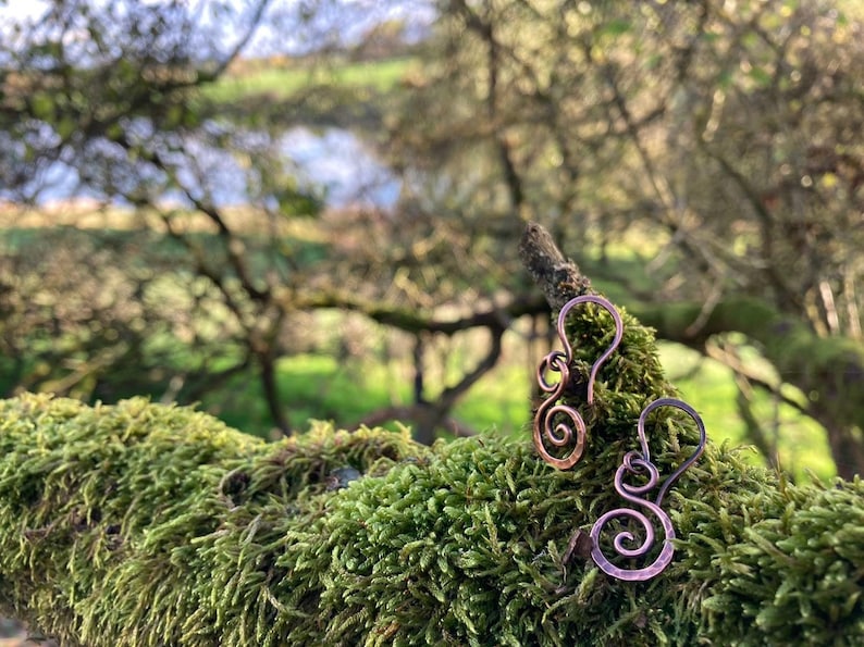 May include: A pair of copper wire earrings with a spiral design. The earrings are on a mossy branch with a blurred background of trees and a lake.
