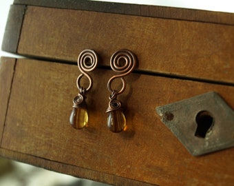 Stud earrings, earrings, copper rings, copper jewelry, earrings, Celtic jewelry, fantasy, glass drops