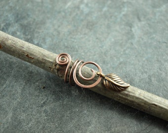 Earcuff, ear clip, spiral, wire work, leaf, antique copper