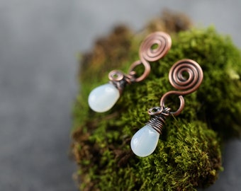 Stud earrings, earrings, spiral, oplalite, glass drops, Celtic jewelry, Viking, Middle Ages