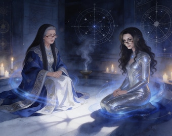 May include: A digital illustration featuring two figures in a dimly lit space. One figure wears a long blue and white robe with intricate embroidery, while the other wears a metallic silver bodysuit. Both figures wear glasses and are surrounded by blue light.