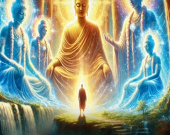 May include: A digital illustration featuring a central golden Buddha figure surrounded by four glowing blue figures in a forest setting with a waterfall. The number 44 appears at the top, and the text Cassandra Guides Spirit Number 1039 is at the bottom.