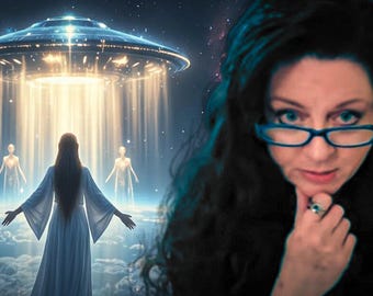 May include: A woman in a white dress stands with her arms outstretched, facing a glowing UFO.  Several figures in white robes stand behind her, with a starry sky in the background.