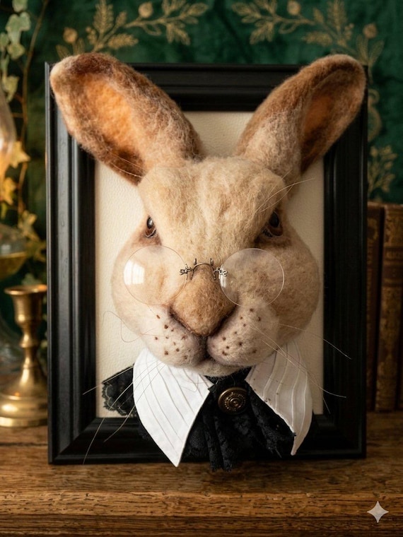 A needle-felted rabbit bust wearing tiny spectacles — Victorian scholar energy meets faux taxidermy weirdness, and it's 100% handmade fiber art.