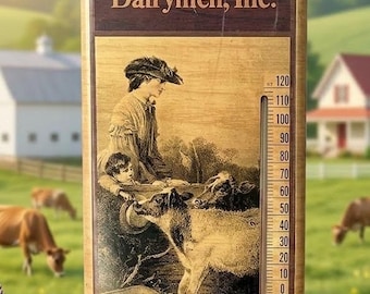 Könnte beinhalten: Ein rechteckiges Wandthermometer aus Holz mit dem Dairymen, Inc. Logo, einer Vintage-Illustration einer Person und eines Kindes mit Kälbern sowie einer Skala von -40 bis 120 Grad Fahrenheit mit einer Grafik eines Milchglases.