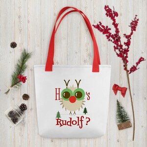 Christmas Tote Bag - Cute Rudolf the Red Nosed Owl - Original Cartoon