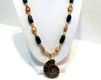 Taupe Pearl, Gold, Black Agate Necklace with Gold-Plated Ammonite Pendant