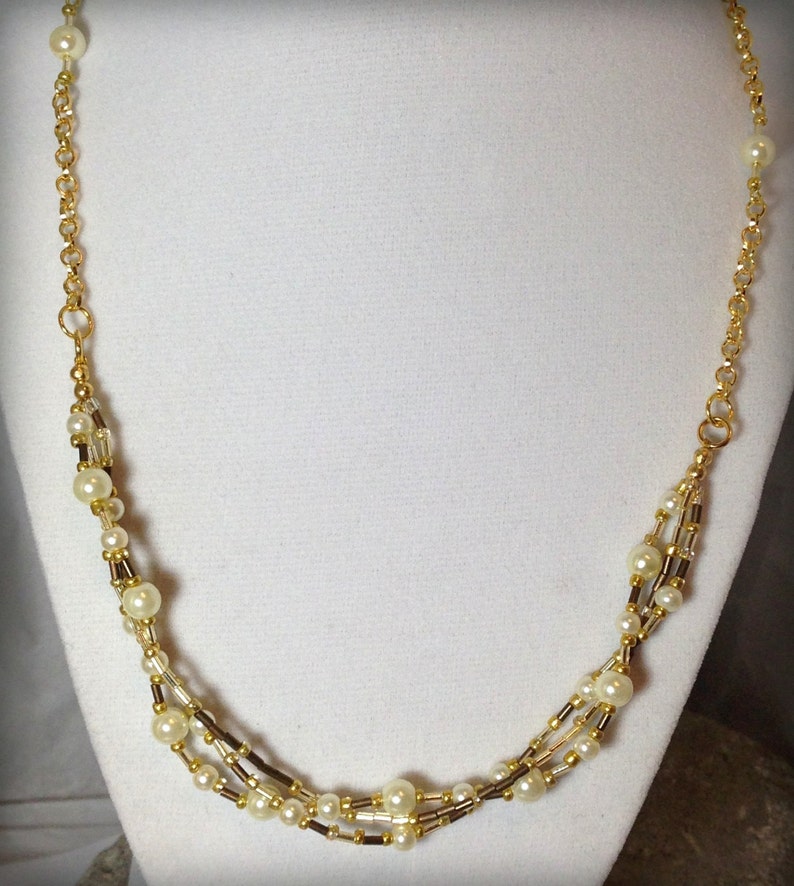 Ecru Pearl, Bronze, and Gold Twisted Chain Necklace, Mother's Day Gift image 2