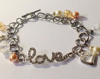 Love Rhinestone Charm Bracelet, Glass Pearl and Crystal, Heart Charm Bracelet, Rose Gold color, Silver, Word Bracelet