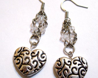 SALE - Metal Swirl Heart Dangle Earrings with Crystal & Chain