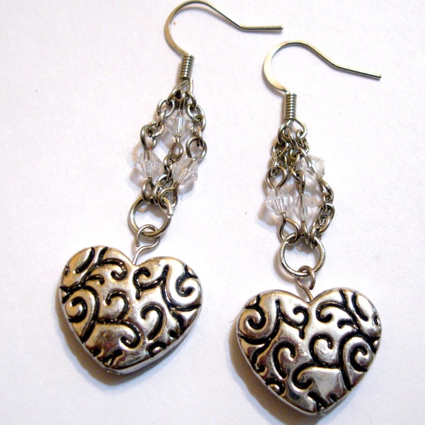 SALE - Metal Swirl Heart Dangle Earrings with Crystal & Chain