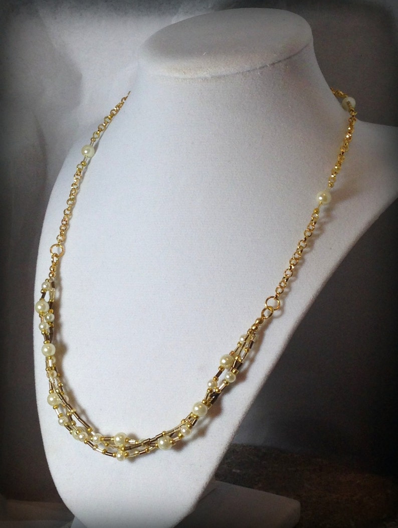 Ecru Pearl, Bronze, and Gold Twisted Chain Necklace, Mother's Day Gift image 1