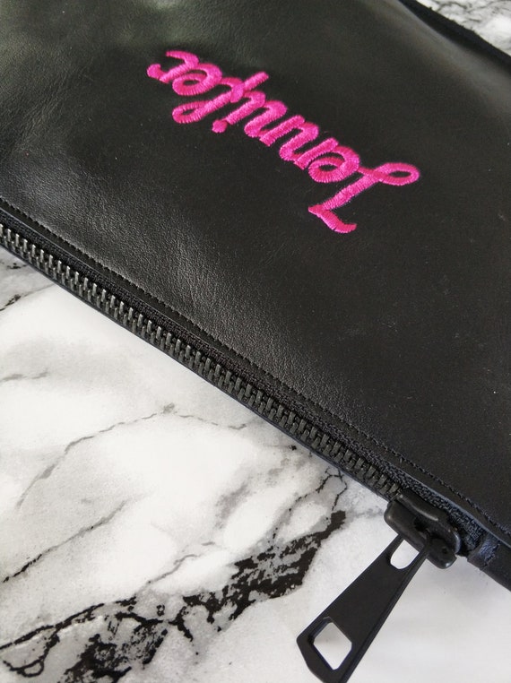 Personalized black leather clutch Pink Embroidered name on a | Etsy
