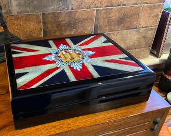 Royal Dragoon Guards Exclusive and Premium Military Medals Box, Great Gift box.  Beautiful Polished Wood and Exquisite Ceramic Top.