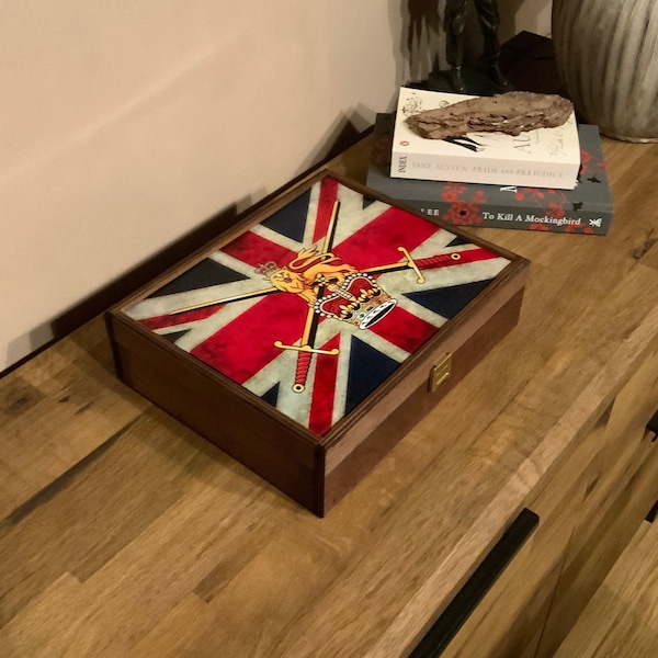 British Army with Union Jack Military Medals and Memorabilia Box,  Beautiful Wood and Ceramic Box, Great Gift box.
