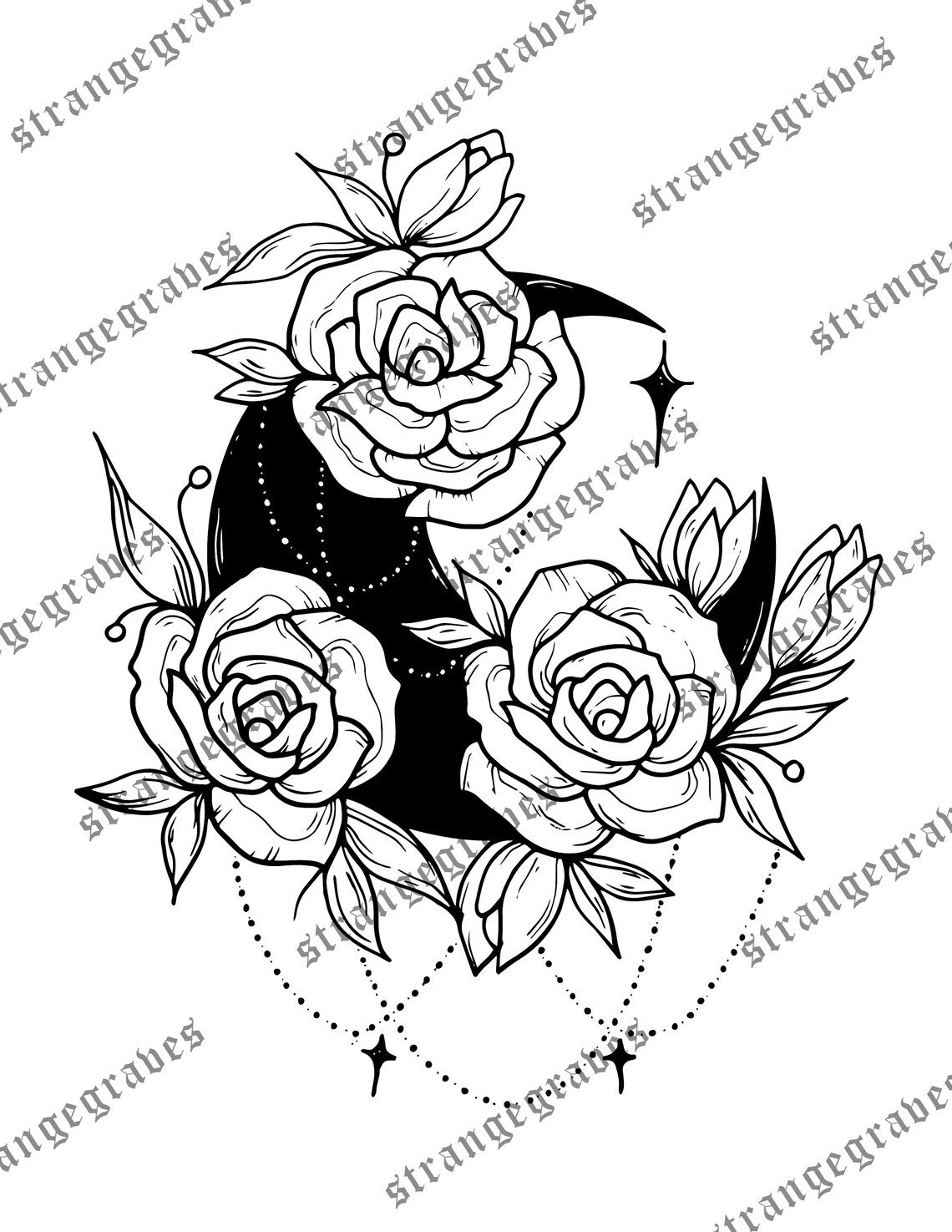 Moon with Roses Digital Art Print Etsy