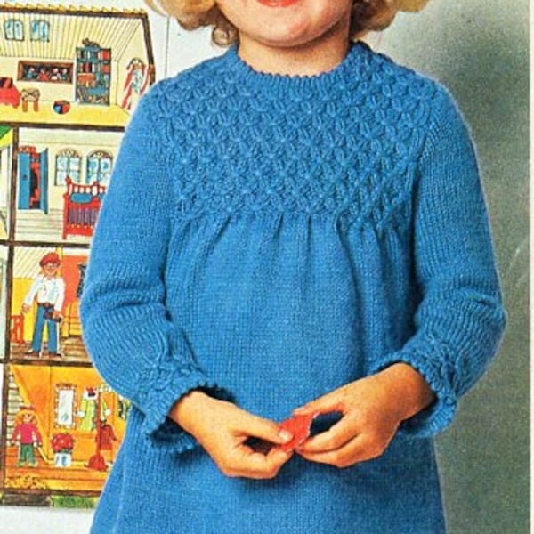 vintage girls dress knitting pattern pdf childrens dress with smocking 22-26" DK light worsted 8ply pdf instant download