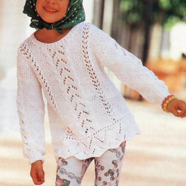 girls lacy cotton sweater knitting pattern pdf DK childrens lacy jumper tunic Vintage 22-32 inch cotton DK light worsted 8ply Download