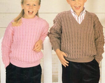 childrens sweaters knitting pattern pdf childs jumpers v or round neck 24-34" DK light worsted 8ply pdf instant download