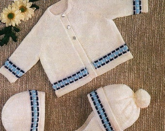 vintage baby jacket hat set knitting pattern pdf baby 4ply cardigan bonnet helmet mittens 18-20" 4ply fingering pdf instant download